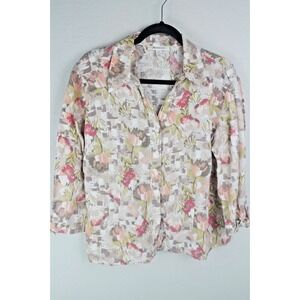 JM Collection Top Blouse Button Up Shirt Women Size 12 Beige Floral Linen Collar